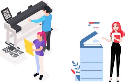 woman under printing machine with a colorful large printer