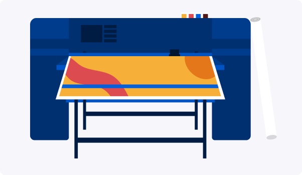 woman under printing machine with a colorful large printer