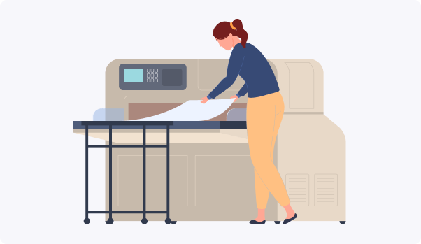 woman under printing machine with a colorful large printer