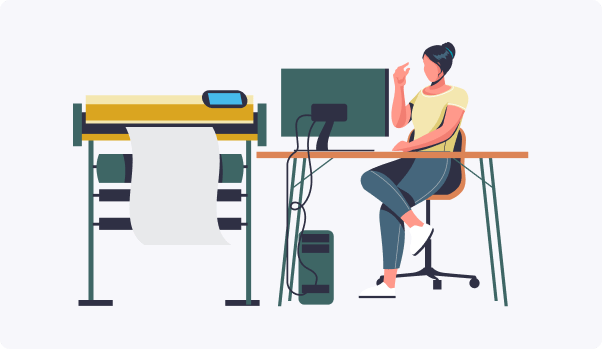 woman under print machine with a colorful large printer