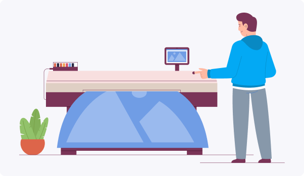 man in front of a print machine with a colorful large printer man in front of a print machine with a colorful large printer
