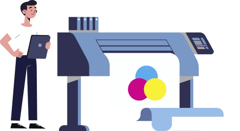 woman under printing machine with a colorful large printer woman under printing machine with a colorful large printer