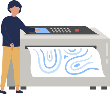 woman under printing machine with a colorful large printer