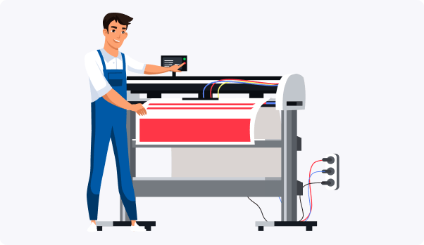 woman under printing machine with a colorful large printer