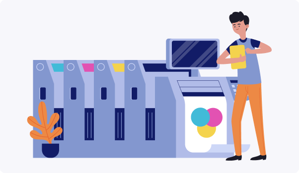 woman under printing machine with a colorful large printer