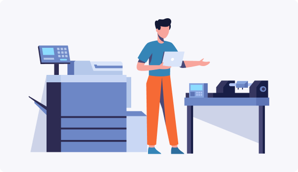 woman under printing machine with a colorful large printer