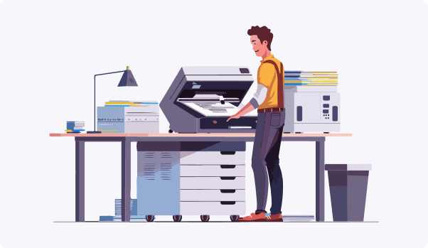 man in front of a print machine with a colorful large printer