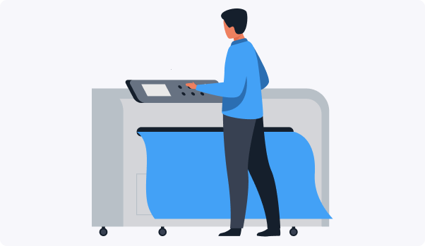 woman under printing machine with a colorful large printer