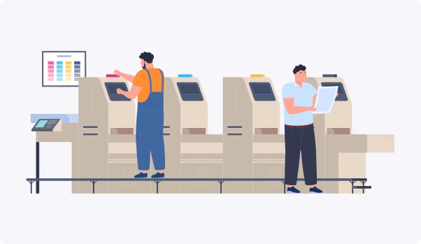 man in front of a print machine with a colorful large printer man in front of a print machine with a colorful large printer