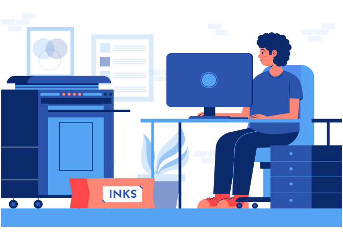 woman is sitting on table and managing a print shop