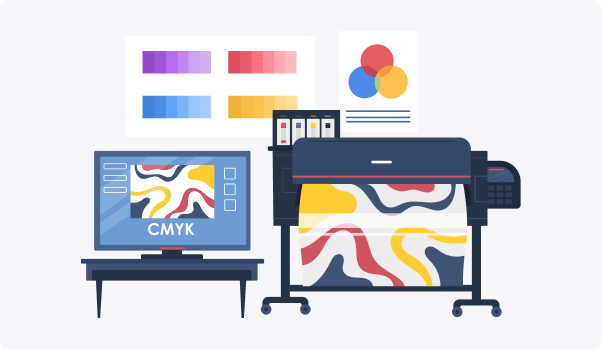 man under printing machine with a colorful large printer