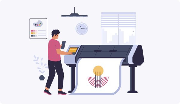 man in front of a print machine with a colorful large scanned documentation