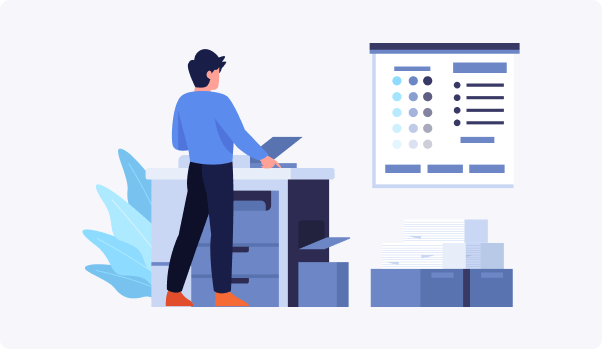 man in front of a print machine with a colorful large printer