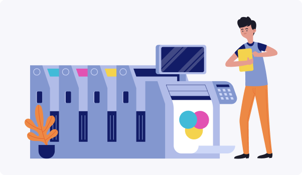 man in front of a print machine with a colorful large printer