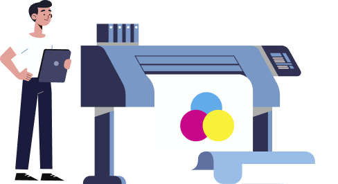 man under printing machine with a colorful large printer