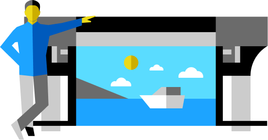 man under printing machine with a colorful large printer